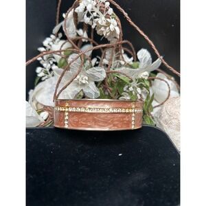 VTG Gold Tone Enamel Rhinestone Hinged Bangle Bracelet Peach Nude Art Deco Style